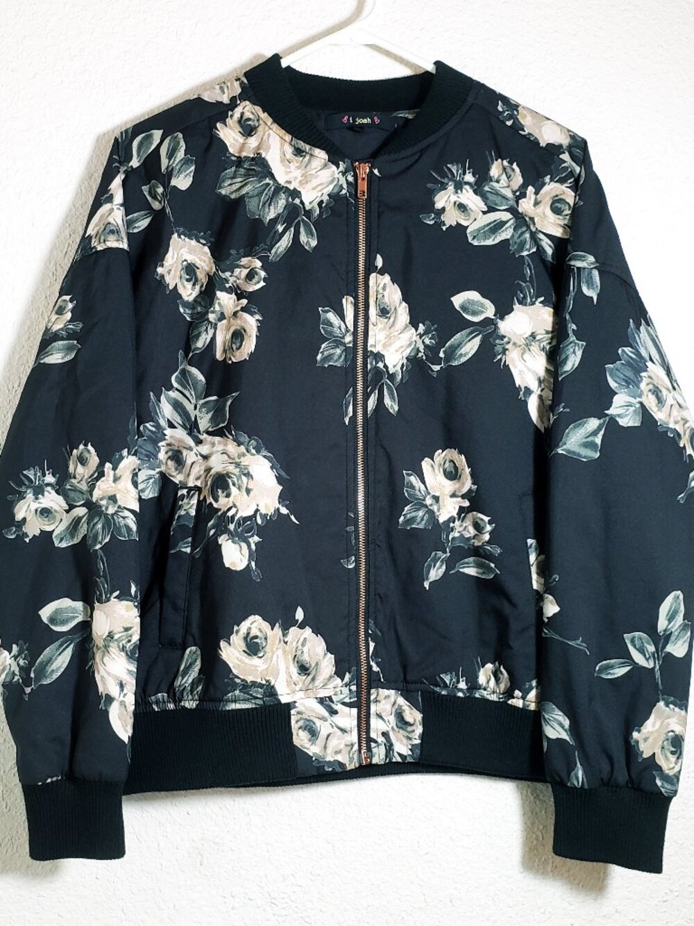 I JOAH Black Floral Print Zip-Up Bomber Jacket Large Zip-Up